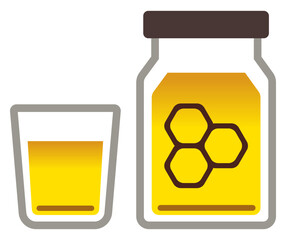 A honey jar icon vector with golden honey and glass cup for sweet drinks or desserts.