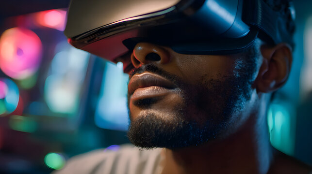 African American man wearing virtual reality headset, immersed in digital gaming experience