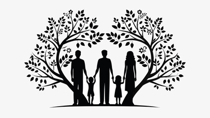 Silhouette family with children holding hands under beautiful flourishing trees, representing family roots, heritage, togetherness, and legacy