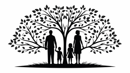Silhouette of a loving family standing beneath a flourishing tree, symbolizing growth, unity, and the beauty of togetherness for family values and generational legacy
