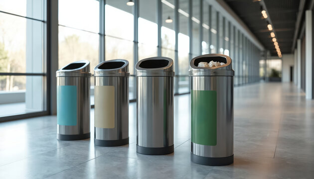 Four modern recycling bins stand in a bright, spacious building hallway. Each bin has a different colored label for waste sorting. These bins promote eco-friendly practices in urban office spaces.