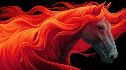 Red Orange Horse Flowing Mane Abstract Digital Art Black Background