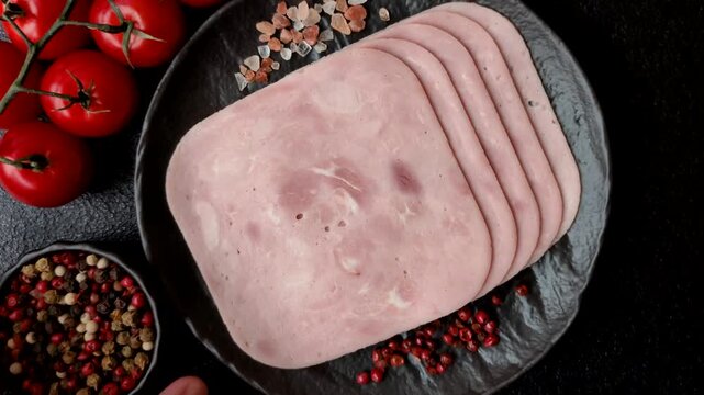 Meat, square ham sliced, organic food, protein for snacks. Sliced ham as a background