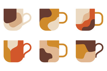 Abstract coffee mug set in warm brown and beige tones minimalist flat design illustration
