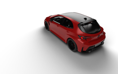 Rear left and up side perspective of red colored modern hatchbag car with transparent background.