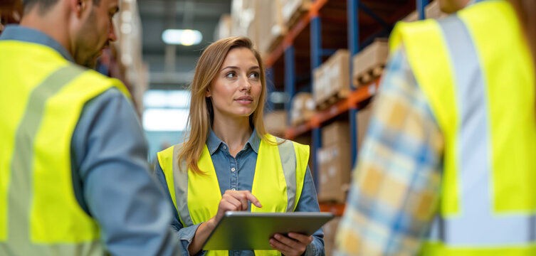 Woman holds tablet in warehouse. Team inspects inventory at storage. Manager plans distribution with digital device, worker group for export delivery. Workers use tech, check stock shelf in industry.