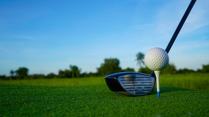Golf clubs and balls on a green lawn in a beautiful golf course with morning sunshine.