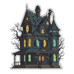 Detailed illustration of a spooky Victorian haunted mansion at twilight with glowing windows and bare trees in the background, perfect for Halloween