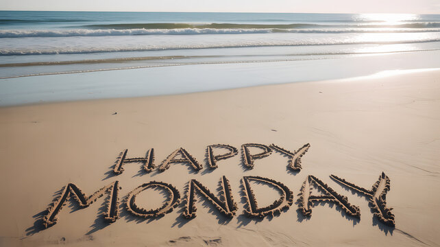 Start the week right with this Happy Monday message on a peaceful beach at sunrise