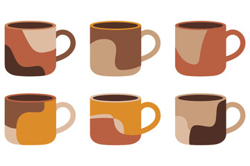 Obraz premium Abstract coffee mug set in warm brown and beige tones minimalist flat design illustration 