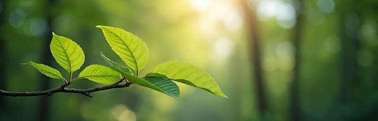 Green leaves on tree branch. Fresh foliage in forest. Nature background with sunlight. Leafy bough stretches outwards from central point.