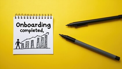 White spiral notebook displays Onboarding completed, text. Hand drawn stick figure climbs ascending bar chart, showing progress, growth, successful achievement. Two pens rest on vibrant yellow
