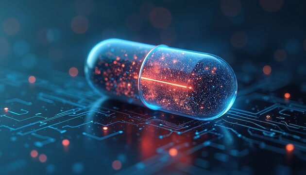 Future medicine pill with glowing particles inside rests on futuristic circuit board. AI tech helps future healthcare with advanced drug discovery and digital pharma.