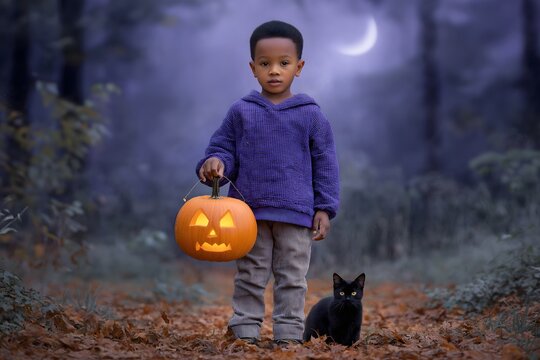 Young Boy with Pumpkin and Black Cat in Autumn Forest - Powered by Adobe