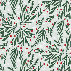 Classic Winter Snowy Foliage Pattern with Green Leaves, Red Berries and White Snowflakes