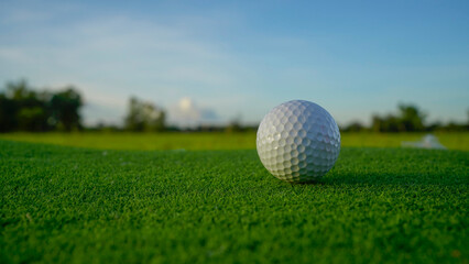 Golf ball on green grass in the evening golf course with sunshine background.