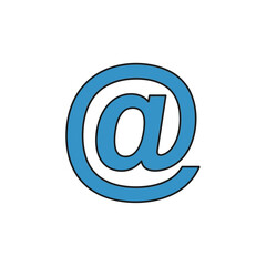 Simple blue at symbol on a white background with a black outline representing internet email addresses and digital communication icons for modern