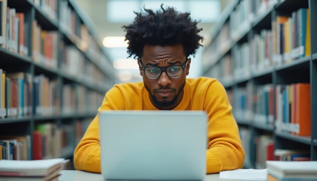 Black man with glasses looks at laptop screen in library. Student studies with computer experiencing online learning difficulties. Education tech challenges create frustration.