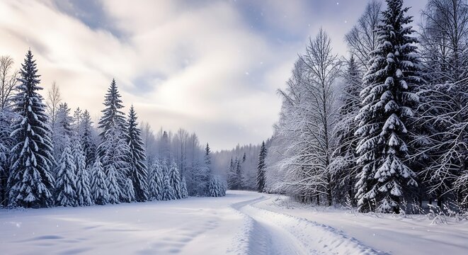 Snowy forest road with tall pine trees and birch trees - Powered by Adobe