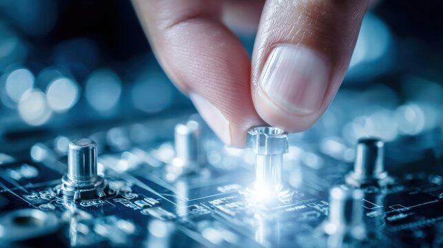 Technician installing component on circuit board in close up