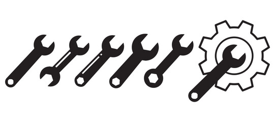 A collection of black wrench and gear icons representing tools, repair, and maintenance concepts. Ideal for mechanical, engineering, industrial, and service-related design projects.