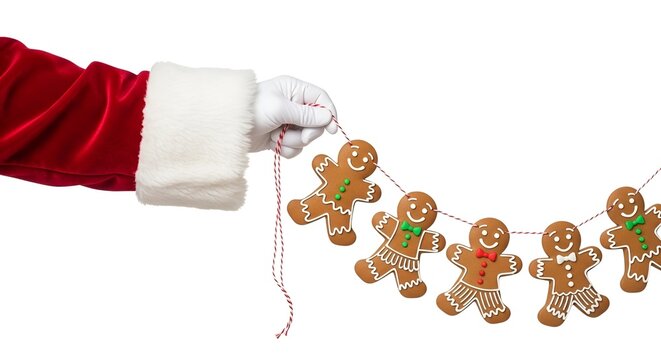  Santa Claus's hand in a white glove holding a garland of gingerbread men against a white background with copyspace.