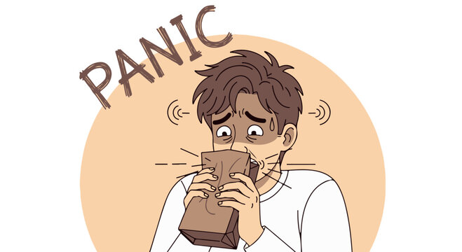 Man experiencing a panic attack, hyperventilating into a paper bag, isolated on transparent background