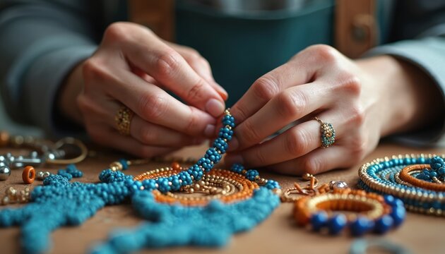 Woman makes handmade beaded jewelry. Female artisan threads beads on string. Jeweler creates colorful accessories with turquoise and orange beads on wooden worktable.