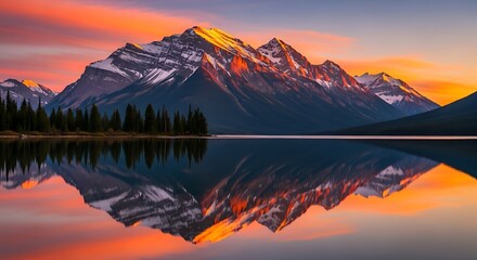 Mountain reflection in lake at sunset with colorful sky