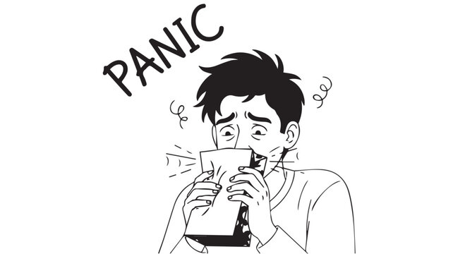 Man hyperventilating into a paper bag, labeled with the word panic isolated on transparent background