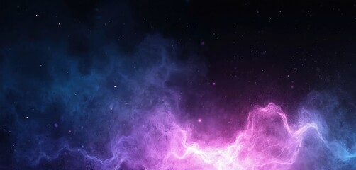 Abstract nebula gas cloud in deep space. Glowing cosmic dust formation with stars and particles. Dark background with bright purple and blue energetic plasma swirls.