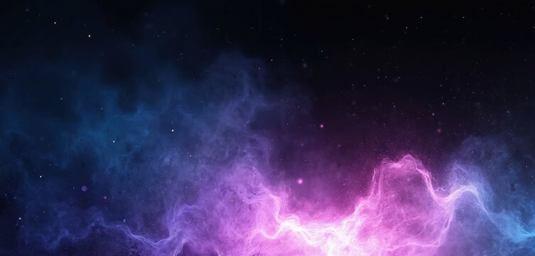Abstract nebula gas cloud in deep space. Glowing cosmic dust formation with stars and particles. Dark background with bright purple and blue energetic plasma swirls.