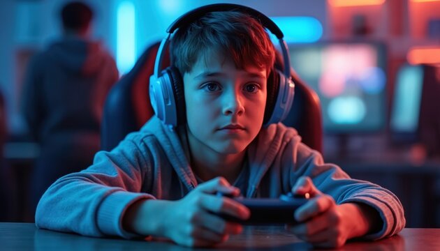Young boy focused on video game. Male child plays console game in room with neon light. Kid holding controller wearing headphones. Gaming, entertainment at home. Digital leisure