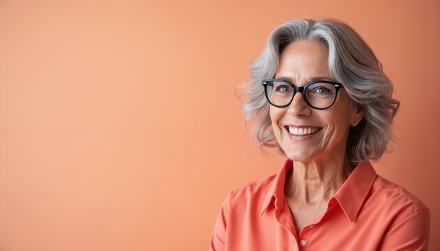 Portrait of attractive mature woman with glasses smiling. Grey haired female person looks confident on peach color background. Older lady poses in formal shirt enjoying life.