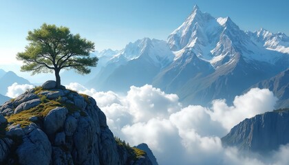 Solitary green tree grows strong on rocky mountain peak. Soft white clouds fill valleys below. Distant majestic snow-covered mountains stand under clear blue sky. Shows nature strength, beauty high