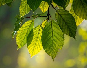 Sunlit green leaves on a branch, slightly blurred background