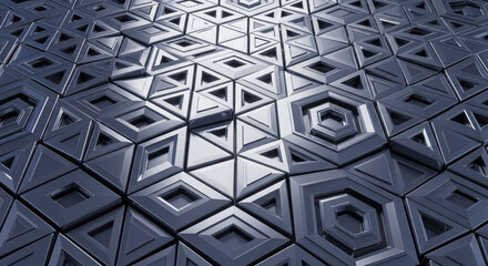 Abstract geometric background with metallic surface and triangular, hexagonal, and diamond shapes creating a futuristic and modern design