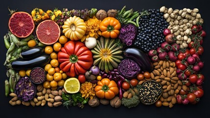 Colorful vibrant arrangement of fresh fruits and vegetables on dark background for a healthy diet