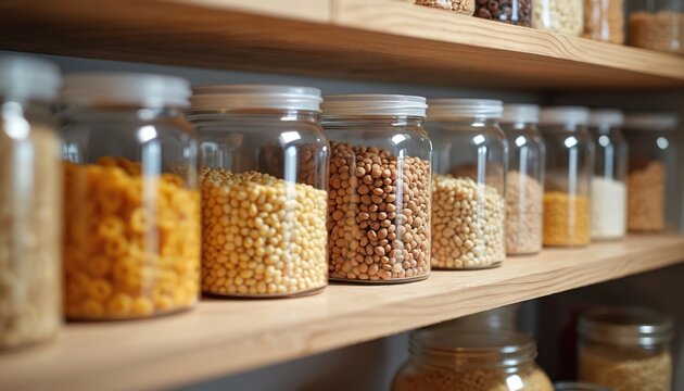 Neatly organized pantry shelves filled with various food items in glass jars. Wooden shelves hold pasta cereals grains spices and other kitchen supplies. Home food storage and organization concept.