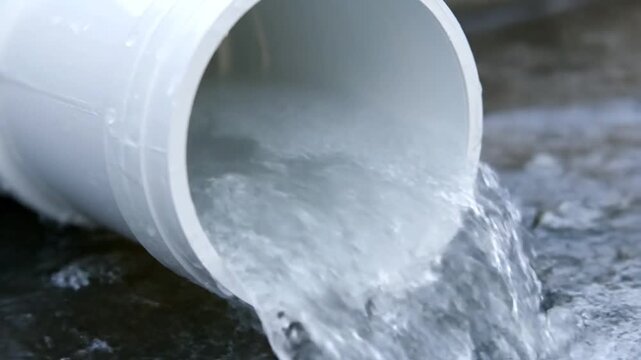 Water flowing rapidly from a white PVC pipe, showcasing dynamic water movement