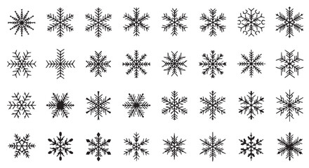Numerous snowflake illustrations in black and white, isolated on transparent background