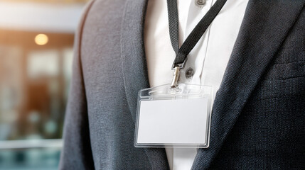 Empty badge ready for identification at a professional event in a modern setting