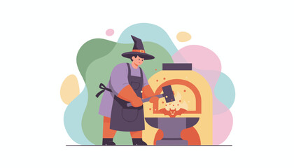 Mystical witch blacksmith forging a glowing bat in a fiery furnace ideal for Halloween themes