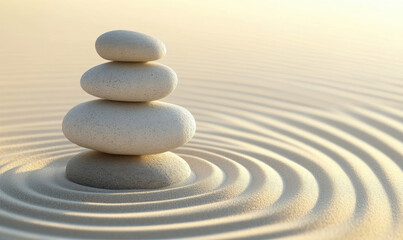 Stacked smooth stones on rippled sand surface in serene environment