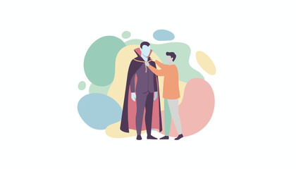 Man adjusts vampires cape Halloween costume preparation roleplaying spooky event concept