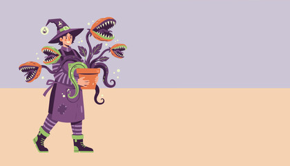 Enchanting witch proudly carries a pot of spooky hungry plants Halloween magic