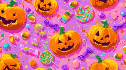 A colorful background with many pumpkins and candy
