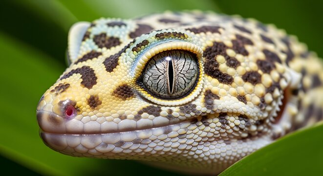 Macro shot of a leopard gecko head and eye. Detailed portrait of a colorful lizard in its natural green habitat.