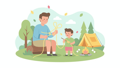 Camping fun Dad teaches son knot tying near a tent and campfire with marshmallows Family bonding