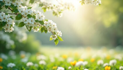 White cherry blossoms bloom on a tree branch in soft sun light. Green leaves and blurred garden flowers in background. Fresh nature scene, springtime beauty and growth.